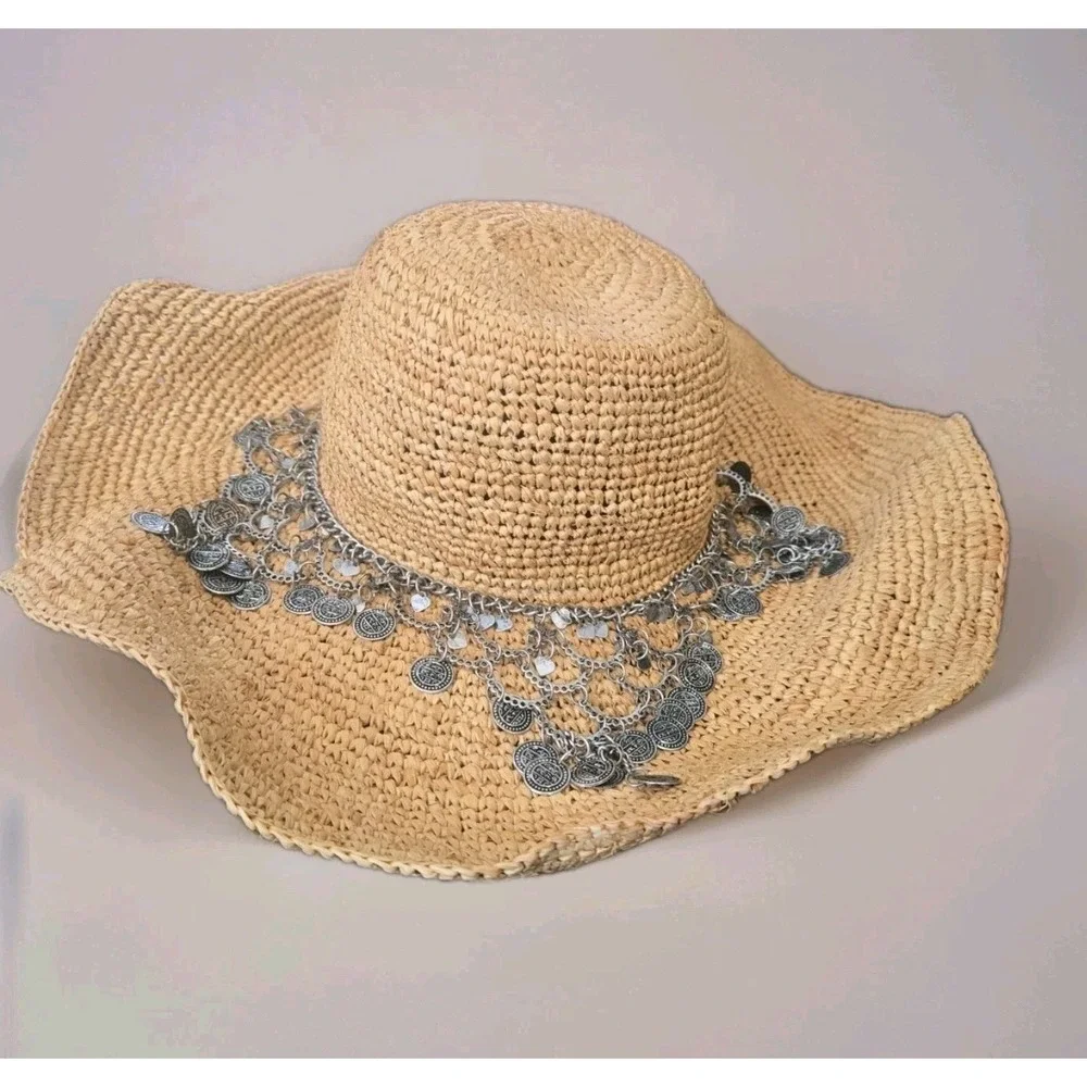 Gottex Women's Sun Hat Woven Straw Floppy Coin Charm Statement Boho Resort Chic